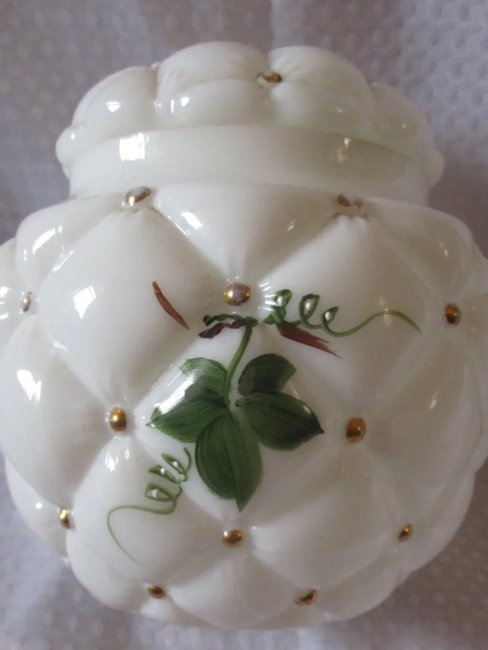 Consolidated Glass Hand Painted White w/Green Ivy Quilted Milk Glass Biscuit Jar
